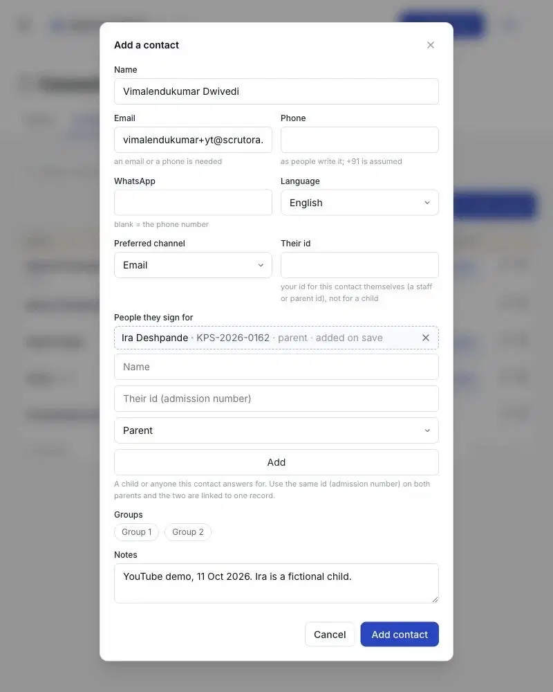 Add a contact dialog with the parent's name and email, and the child Ira Deshpande, KPS-2026-0162, listed under People they sign for