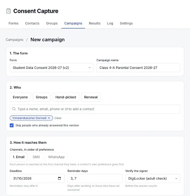 New campaign screen with Verify the signer set to DigiLocker (adult check)