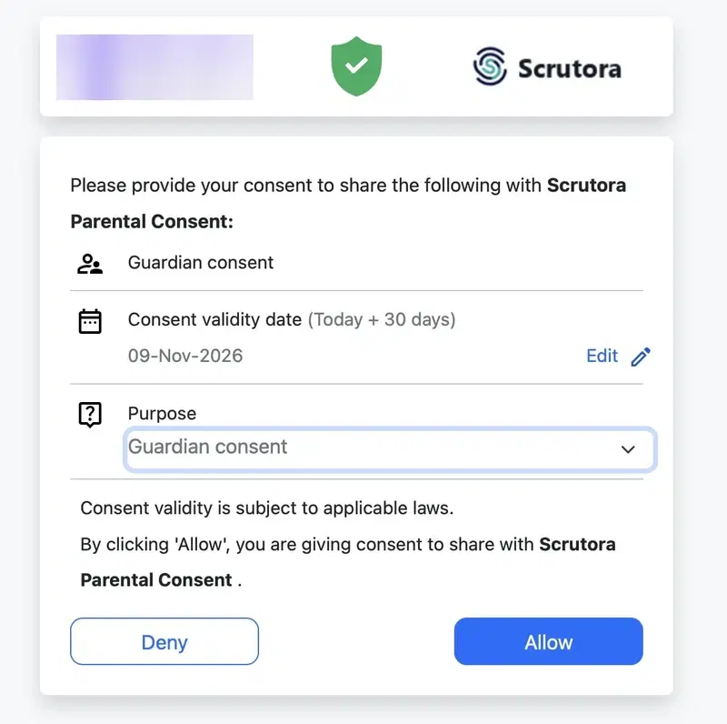DigiLocker consent screen asking to share Guardian consent with Scrutora Parental Consent, with Deny and Allow buttons