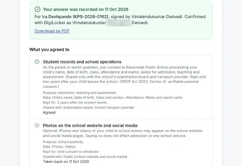 Receipt after partial withdrawal: Student records still Agreed, Photos shows Taken back on 11 Oct 2026