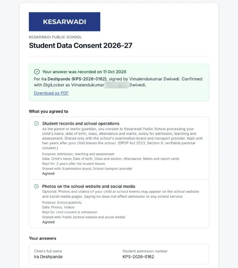 Receipt after submission: Your answer was recorded on 11 Oct 2026, for Ira Deshpande, signed by the parent, confirmed with DigiLocker. Both purposes show Agreed.