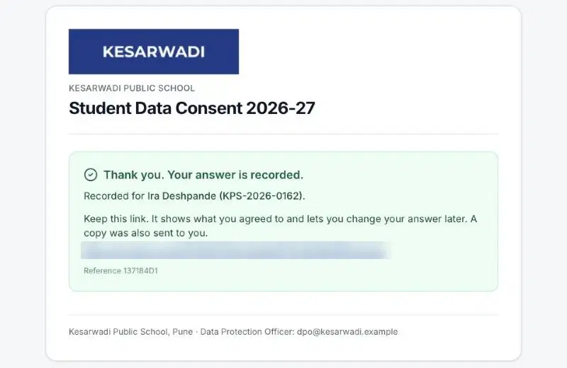 Thank you screen: Recorded for Ira Deshpande (KPS-2026-0162), with a receipt link and a reference number