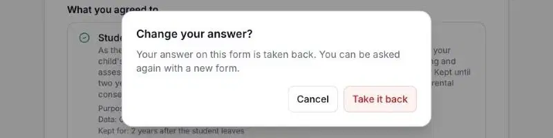 Dialog confirming the whole answer on this form will be taken back