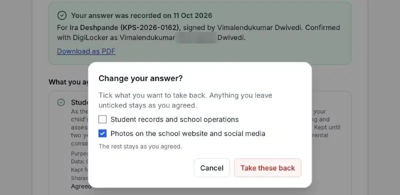 Change your answer dialog with only Photos on the school website and social media ticked, and a Take these back button