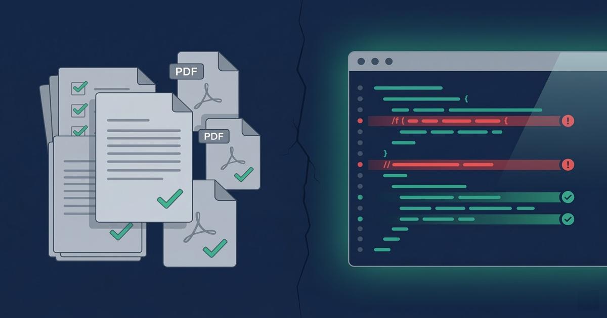 PDF compliance documents with checkmarks versus actual application code showing violations highlighted in red