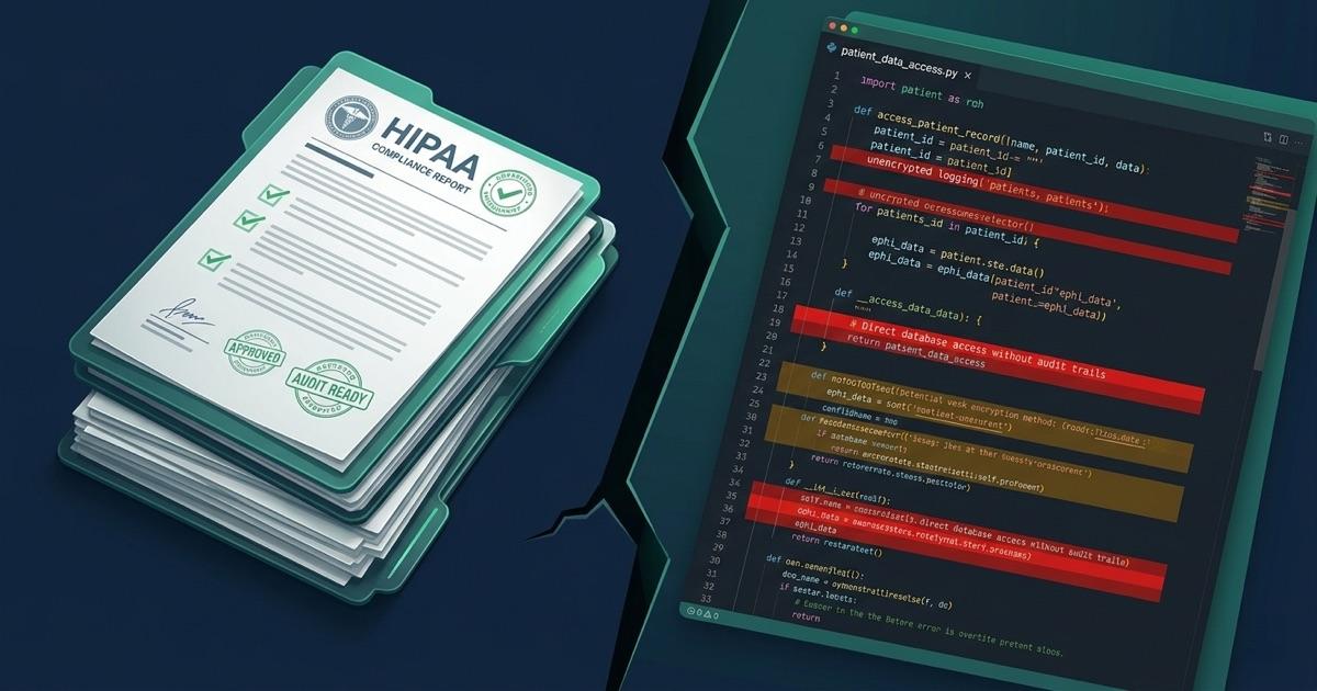 HIPAA compliance report with checkmarks next to application code with violations highlighted in red