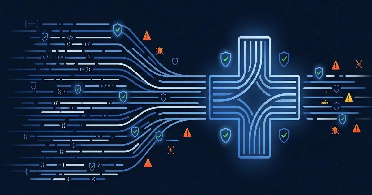 Code flowing into a medical cross symbol — representing HIPAA security analysis of healthcare source code