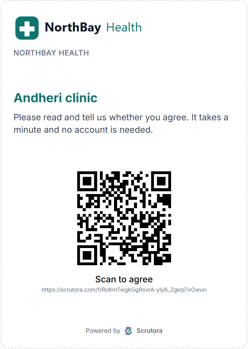 An A6 card for NorthBay Health's Andheri clinic: the logo, one line asking the patient to read and answer, and a QR code with Scan to agree.