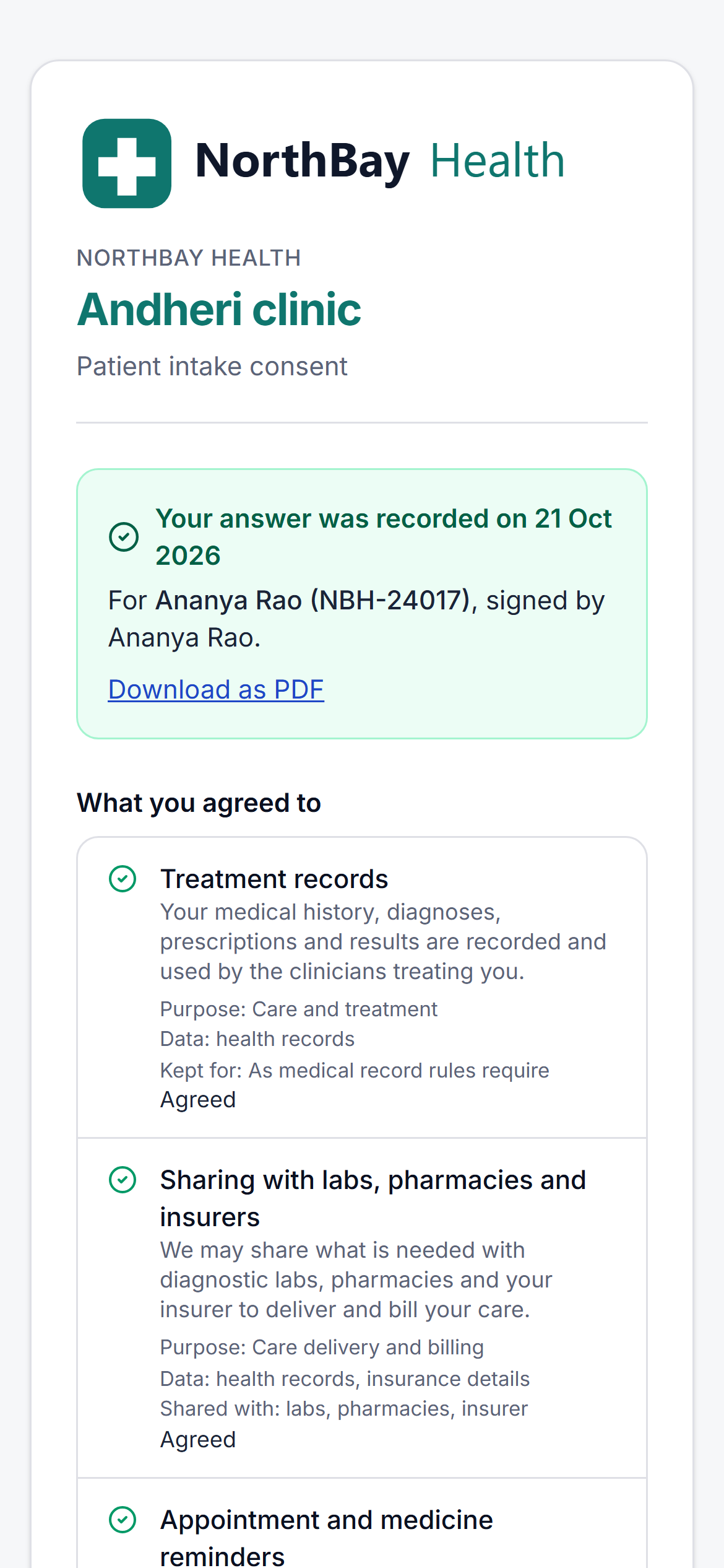The receipt after answering: recorded on 21 October, for Ananya Rao, with treatment records, sharing with labs and reminders all agreed, and a Download as PDF link.