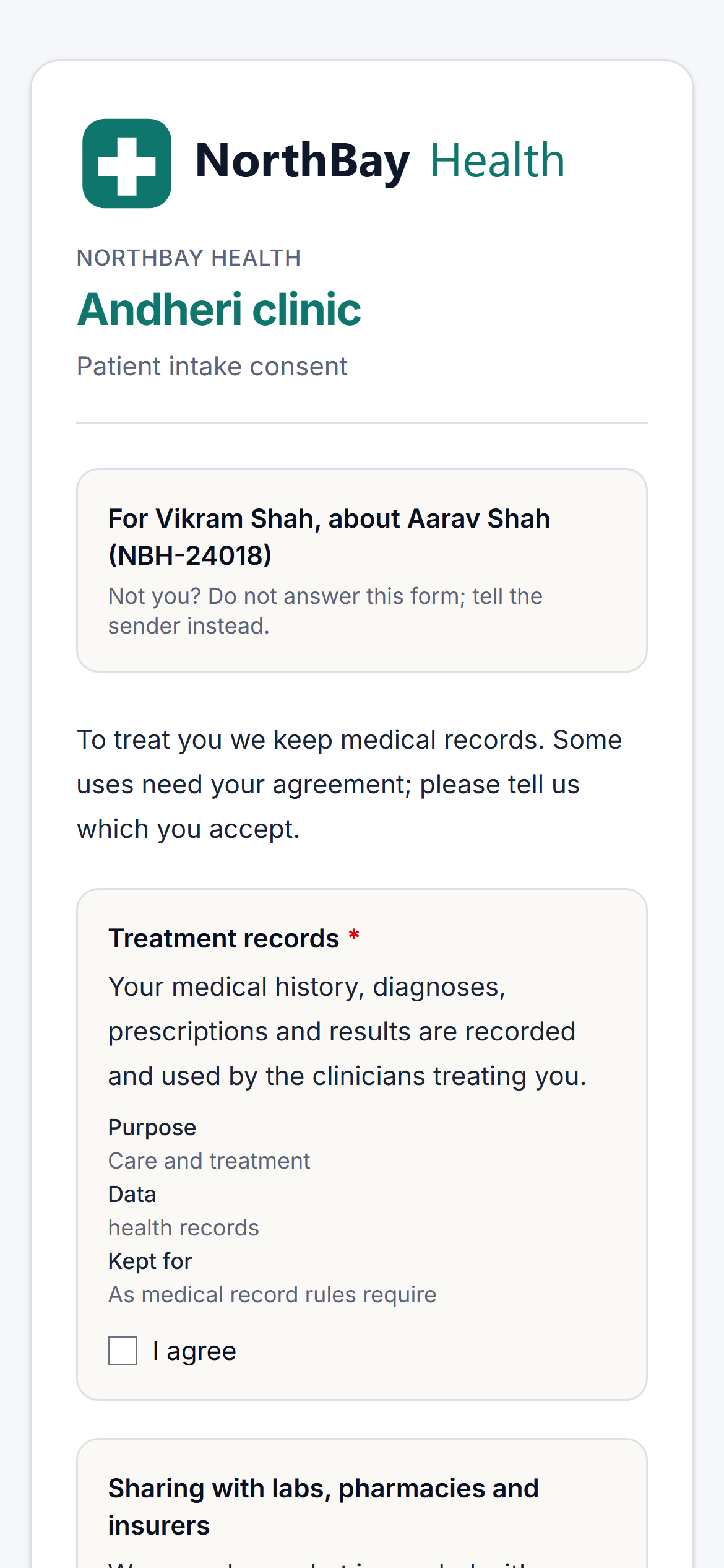 A patient intake consent form from NorthBay Health's Andheri clinic on a phone, addressed to Ananya Rao, with a required clause about treatment records.