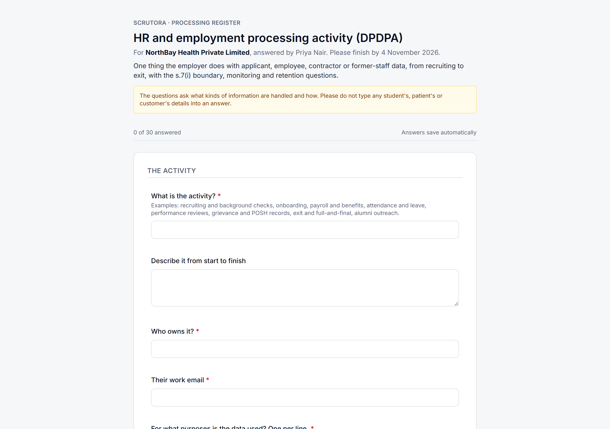An HR and employment processing questionnaire sent to Priya Nair at NorthBay Health, due on 4 November, with the first questions about the activity and its owner.